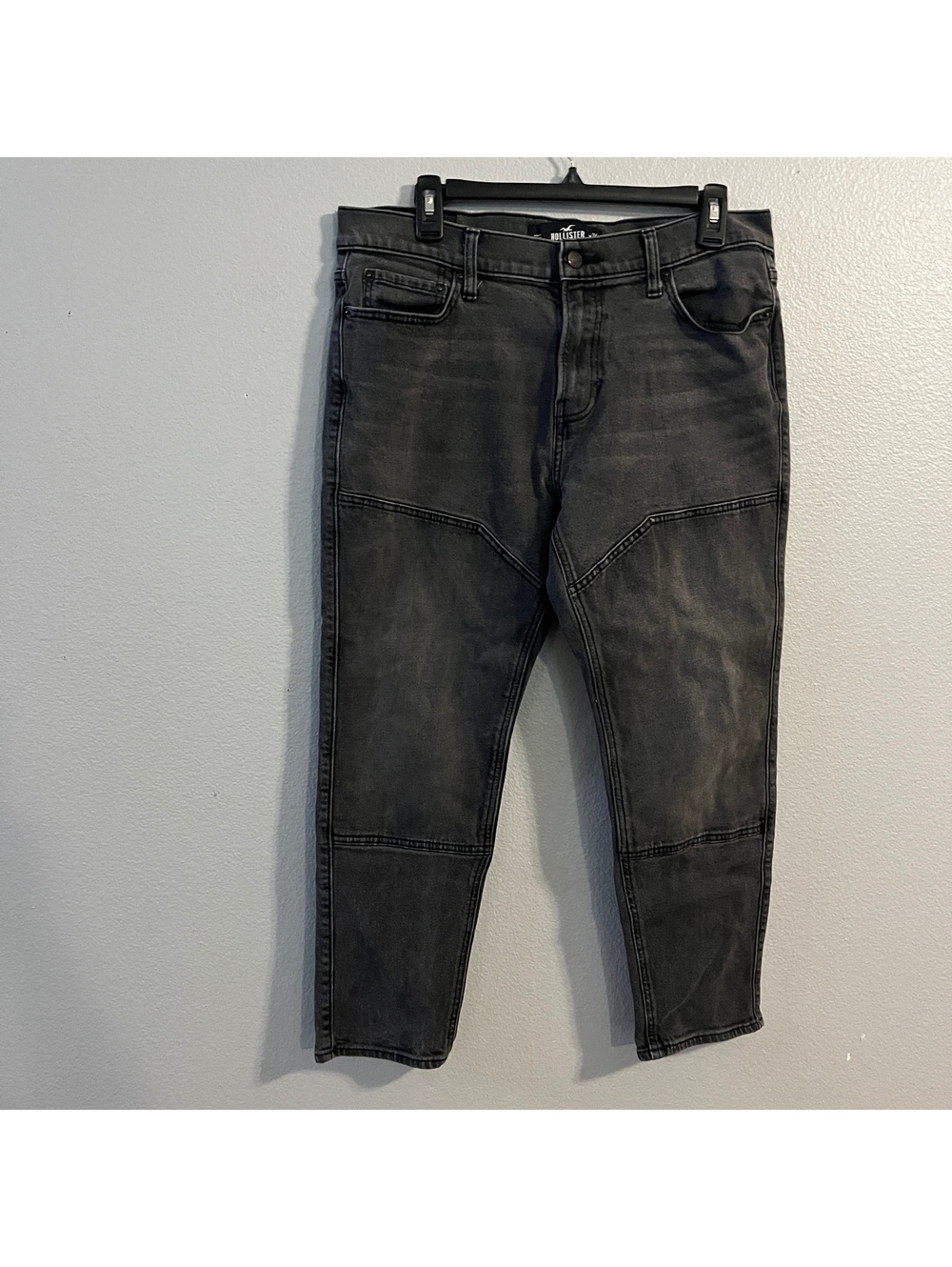 Hollister Mens 34x30 Black Moto Biker Jeans Crop Tapered Panel Y2K Streetwear